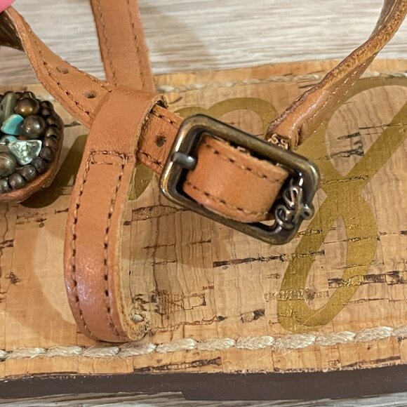 Sam Edelman Sandals 6.5 Tan Turquoise Blue Stones Beads Cork Thong T Strap Flat - Picture 8 of 12